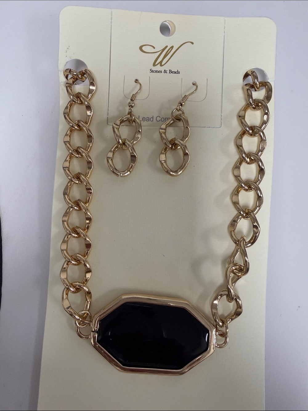 Gold Chain Necklace and Earrings Set with Black Pendant